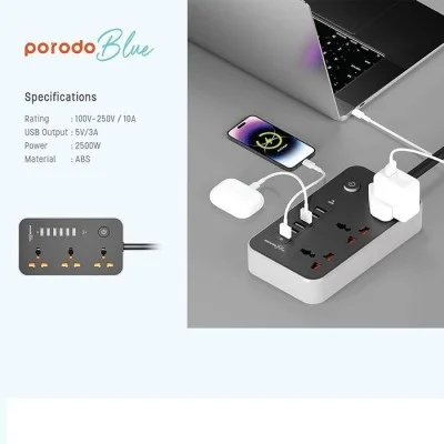 Porodo Blue Multi-Port Power Hub Ultimate Home - Office Kit 2M - Black